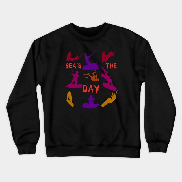 Kitesurfer Silhouette Pattern With Seas The Day Quote Crewneck Sweatshirt by taiche